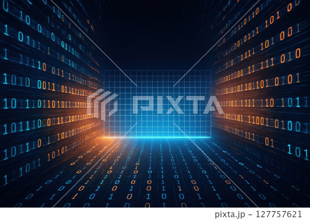 Digital data room with glowing binary code and grid pattern creates futuristic trust environment where zero errors are aimed for in technology and information security 127757621