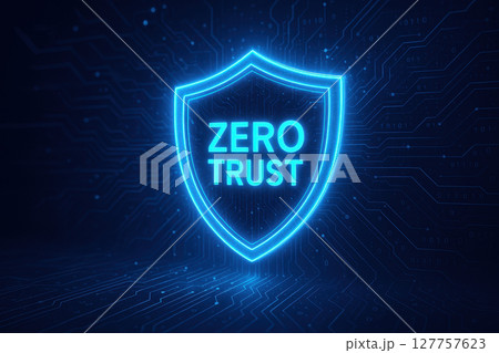 Zero trust concept with glowing shield symbol on digital circuit background representing secure network protection and cybersecurity with zero risk and trust in technology 127757623