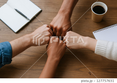 Four colleagues join fist bump on wooden table with blank notebook and coffee cup showing contemporary leadership and communication in high development brainstorm business adviser 127757631