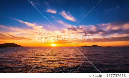 広々とした真夏の夕焼け 空と海 背景素材 16:9サイズ AI生成素材 広々とした真夏の夕焼け 空と海 背景素材 16:9サイズ AI生成素材 127757658