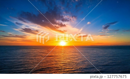 広々とした真夏の夕焼け 空と海 背景素材 16:9サイズ AI生成素材 127757675
