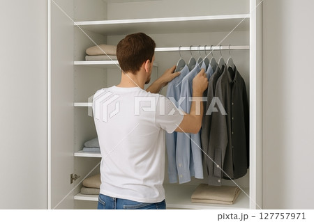 Caucasian man organizing minimalist wardrobe with neatly hung shirts in a modern closet. concept of wardrobe organization, clothing simplicity, minimalist lifestyle Caucasian man organizing minimalist wardrobe with neatly hung shirts in a modern closet. concept of wardrobe organization, clothing simplicity, minimalist lifestyle 127757971