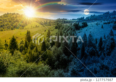 summer landscape with forest on the hill. scenic view of highlands with sun and moon at twilight. mysterious environment with trees in green foliage. scenery under dark blue sky and rainbow 127757987