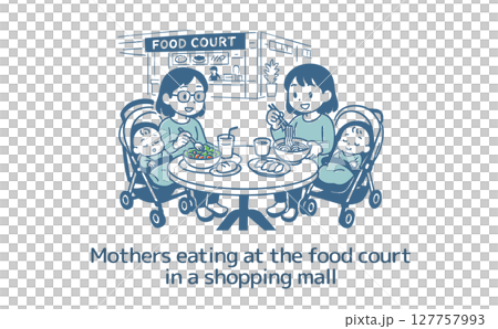 母親們推著嬰兒車在美食廣場吃飯 母親們推著嬰兒車在美食廣場吃飯 127757993