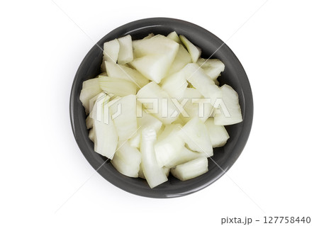 Onion slices in a ceramic bowl isolated on a white background. Top view. Flat lay. 127758440