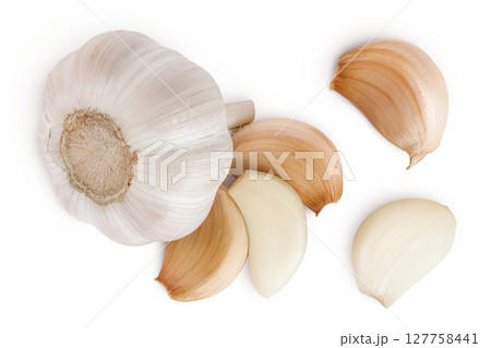 whole garlic and cloves isolated on white background. Top view. Flat lay. 127758441