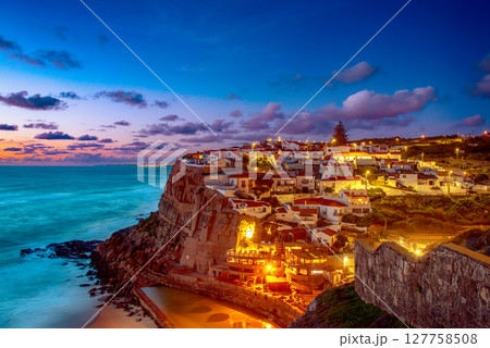 View Of old Azenhas do Mar town In Portugal at night, travel destinations View Of old Azenhas do Mar town In Portugal at night, travel destinations 127758508