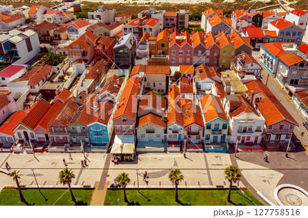 Costa Nova, Aveiro, Portugal: colorful striped houses called Palheiros Costa Nova, Aveiro, Portugal: colorful striped houses called Palheiros 127758516