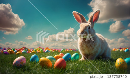 A white rabbit in a fantasy grassland with cute Easter eggs. 127758740
