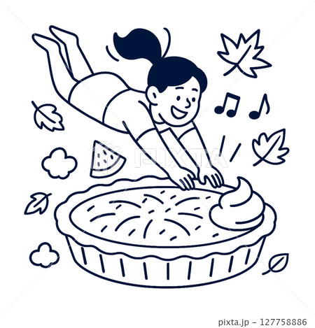 Girl diving into pie with joy, surrounded by leaves and music notes, celebrating autumn fun 127758886