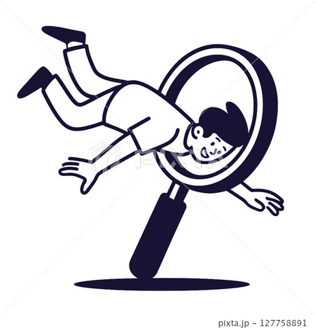 Cartoon character exploring with magnifying glass, showcasing curiosity and excitement 127758891