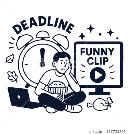 Deadline stress with funny clip, popcorn, and laptop creates humorous scene 127758893