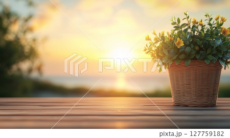 Wooden table with small plant decoration and sunset in balcony beach view 127759182