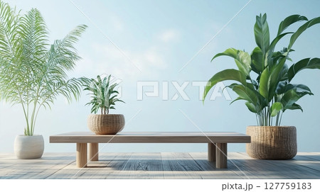 Wooden table with small plant decoration and sunset in balcony forest view 127759183