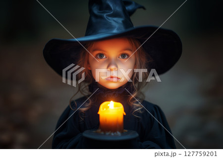 Little girl in witch costume with candle. Halloween concept. Selective focus. 127759201