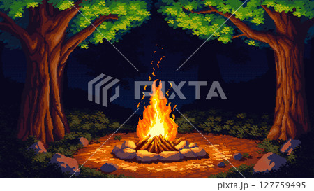 Pixel art scene of a night forest with a bright campfire. Stylized outdoor illustration with trees and glowing fire in the dark. 127759495