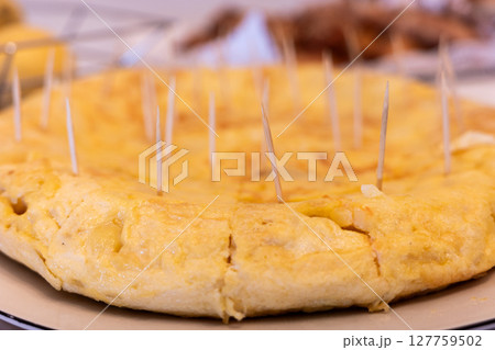 Traditional Spanish Omelette with Toothpicks Ready to Serve Traditional Spanish Omelette with Toothpicks Ready to Serve 127759502
