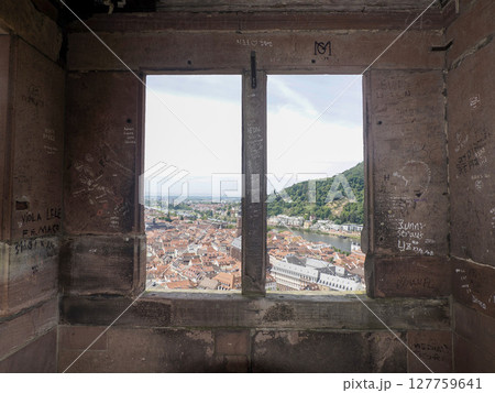 Aerial Town view panorama cityscape from Ancient Heidelberg medieval castle in Germany 127759641