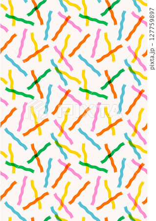 Seamless confetti pattern with colorful wavy streamers in green, yellow, pink, orange and blue on white. Seamless colorful pattern. For fabric, wallpaper, gift wrap. Drag to swatches panel to use. 127759897
