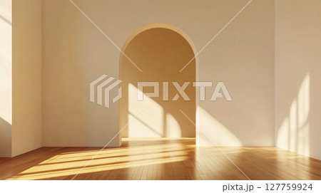 Beige wall room with shadow window sunlight and arch entrance on empty house Beige wall room with shadow window sunlight and arch entrance on empty house 127759924