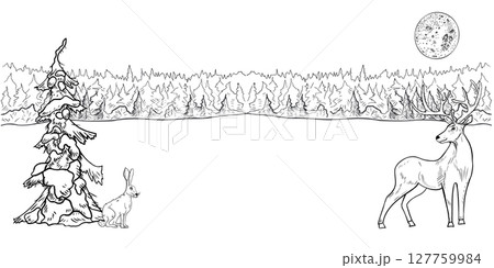 Winter forest border with snowy pine trees, moon and woodland animals hand drawn black white contour vector. Landscape scene with reindeer and hare painted monochrome sketch for Christmas cards. Winter forest border with snowy pine trees, moon and woodland animals hand drawn black white contour vector. Landscape scene with reindeer and hare painted monochrome sketch for Christmas cards. 127759984