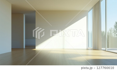 White empty room with big window with sun bright andocean landscape view 127760010