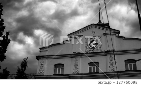 Dramatic Sky Over Historic Clock Building in Ukraine, Black and White 127760098