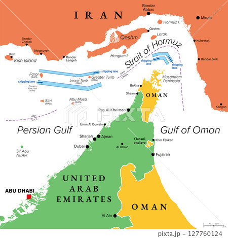 Strait of Hormuz, colored political map showing the shipping lanes. Sea passage from Persian Gulf to open ocean. One of the most strategically important choke points for shipping oil and natural gas. 127760124