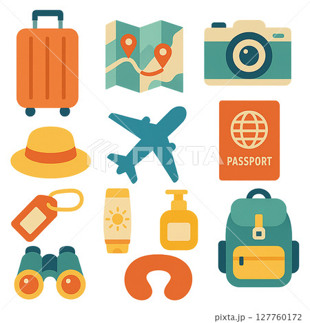 旅行に関連した旅行カバンと旅行用のイラストセット 127760172