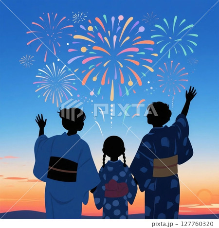 夏の夕暮れ時、花火大会を観戦している浴衣姿の家族イラスト 127760320
