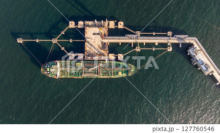 Aerial view oil ship tanker vessel loading and unloading in oil terminal station refinery, Global business import export logistic transport sea freight cargo tanker, Red crude oil tanker ship at port. Aerial view oil ship tanker vessel loading and unloading in oil terminal station refinery, Global business import export logistic transport sea freight cargo tanker, Red crude oil tanker ship at port. 127760546