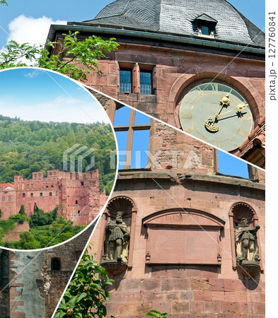 The castle (castle ruin) in Heidelberg, Baden Wuerttemberg, Germany, travel destinations, European touristic sightseeing. Collage. Mosaic pattern. 127760841