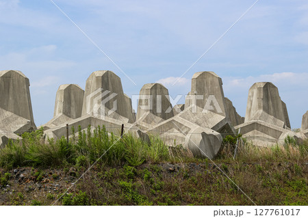 整然と並ぶ大型テトラポッドの列　海岸防波用ブロックの風景 127761017