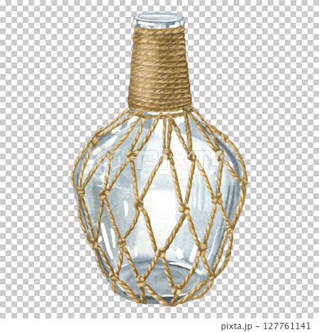 Glass bottle wrapped with a knitted macrame mesh made of jute ropes. Hand drawn watercolor illustration of wide vial with decorative cover on isolated background. For blog about ecology and recycling. Glass bottle wrapped with a knitted macrame mesh made of jute ropes. Hand drawn watercolor illustration of wide vial with decorative cover on isolated background. For blog about ecology and recycling. 127761141