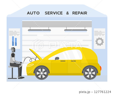 Auto service garage with robot mechanic repairing yellow car hood open, conceptual background 127761224
