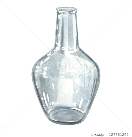 Clear glass empty bottle to store liquids. Hand drawn watercolor illustration of wide vial on isolated background. Use for design packaging for kitchenware, blog about ecology and recycling. 127761242