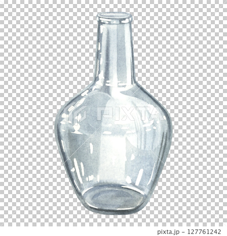 Clear glass empty bottle to store liquids. Hand drawn watercolor illustration of wide vial on isolated background. Use for design packaging for kitchenware, blog about ecology and recycling. 127761242