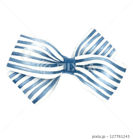 White ribbon bow with blue stripes. A hand drawn watercolor illustration of magnificent accessories on isolated background. Drawing of decorative textile ribbon. Use it for stickers, decor, and gifts. 127761243