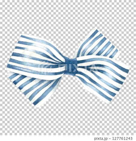 White ribbon bow with blue stripes. A hand drawn watercolor illustration of magnificent accessories on isolated background. Drawing of decorative textile ribbon. Use it for stickers, decor, and gifts. 127761243