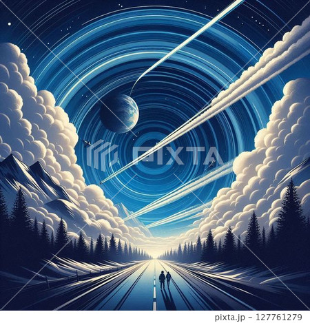 一本の道、雲をかき分けて進む 127761279