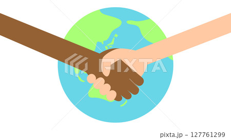 地球の前で握手する濃い茶色と薄ピンク色の手 127761299