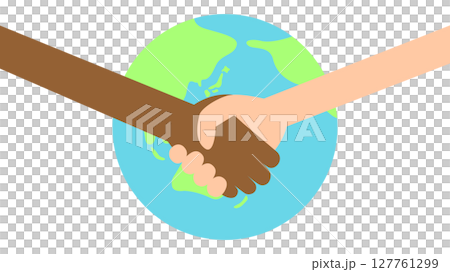Dark brown and light pink hands shaking in front of the globe 127761299