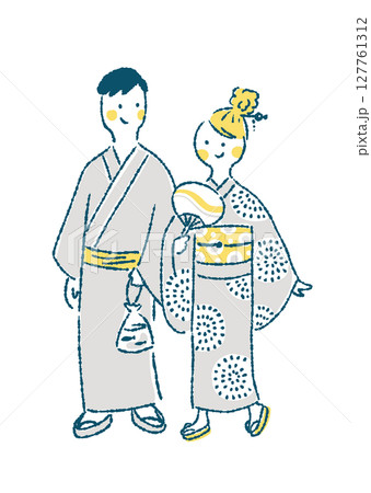 浴衣姿で夏祭りを楽しむカップルの手描きイラスト 浴衣姿で夏祭りを楽しむカップルの手描きイラスト 127761312