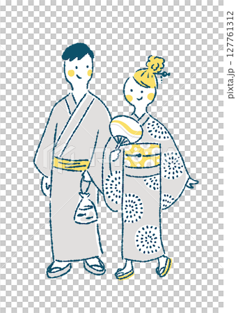 浴衣姿で夏祭りを楽しむカップルの手描きイラスト 浴衣姿で夏祭りを楽しむカップルの手描きイラスト 127761312