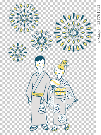 手繪插畫：一對身著浴衣的情侶在夏日祭典上欣賞煙火 127761313