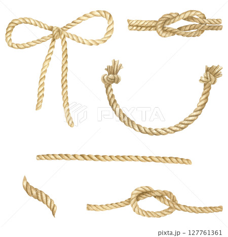 Various ship ropes with knots and bow. Hand drawn watercolor illustration of cords with knots on isolated background. Drawing of hawsers perfect for marine style design, sticker, labels, postcards. 127761361