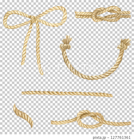 Various ship ropes with knots and bow. Hand drawn watercolor illustration of cords with knots on isolated background. Drawing of hawsers perfect for marine style design, sticker, labels, postcards. 127761361