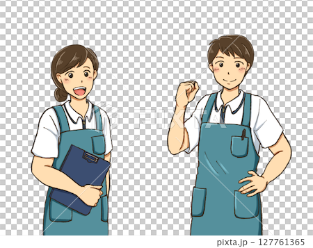 エプロンをつけてガッツポーズをするポロシャツの男女 127761365
