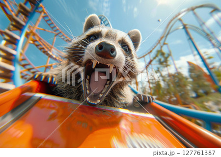 Excited raccoon riding a roller coaster, mouth wide open in thrill, with colorful tracks and blue sky Excited raccoon riding a roller coaster, mouth wide open in thrill, with colorful tracks and blue sky 127761387