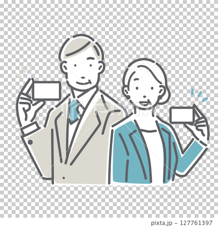 A simple and stylish line drawing of a business person in their 40s or 50s confidently showing their business card 127761397